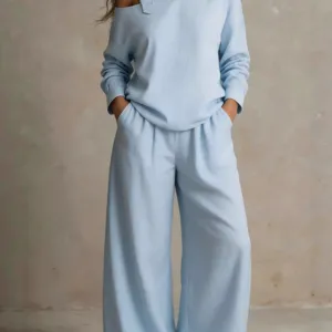 Light blue off-shoulder casual loose two-piece set women fashion stylish chic lounge wear