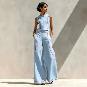 Women's Casual Sleeveless Vest And High Waist Wide Leg Pants Set Solid Color Contrast Stitching Two Piece Outfit