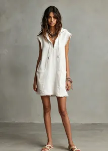 Sleeveless hooded mini dress detail view, raw edge finish, minimalist white style.