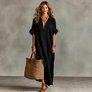 Women's Casual Loose Solid Color Short Sleeve Maxi Dress Summer V-Neck Long Dress Basic Daily Vacation Apparel