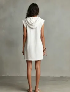 Minimalist white sleeveless hooded mini dress for women, raw edge casual beach cover up style.