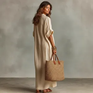 Women casual loose short sleeve apricot maxi dress minimalist summer daily wear elegant style