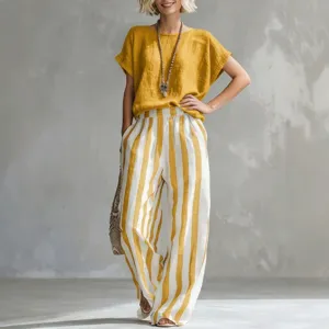 Women casual striped two piece set short sleeve top and wide leg long pants outfit