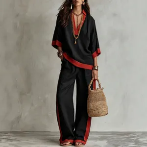 Completo Pantaloni Casual da Donna in Due Pezzi Top con Scollo a V a Mezza Manica a Blocco di Colore e Pantaloni Larghi Elegante