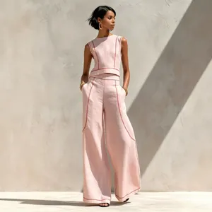 Women pink sleeveless top wide leg pants set summer casual two piece chic outfit new