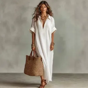 Minimalist solid color short sleeve women dress loose casual holiday fashion beach wear chic outfit