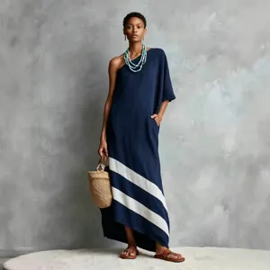 Women One-Shoulder Linen Maxi Dress Casual Diagonal Striped Elegant Summer Long Dress