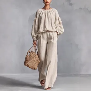 Damen Casual Baumwolle Leinen Zweiteiliges Set Lange Laternenärmel Rundhals Top Und Weite Beine Hose Einfarbiges Outfit