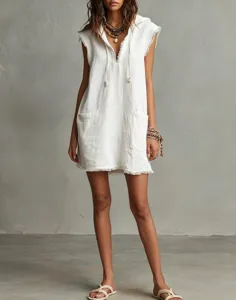 Detailed view of women white hooded sleeveless mini dress with raw edge and v-neck style.