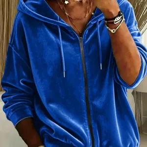 Women velvet zip-up hoodie royal blue casual long sleeve hooded sweatshirt with drawstring