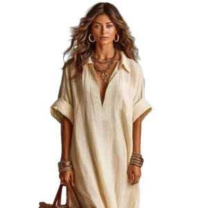 Women casual beige loose short-sleeve dress bohemian style comfortable daily wear fashion outfit