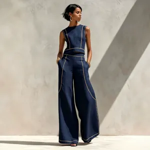 Chic navy blue sleeveless top and wide-leg pants two-piece set for women summer fashion.