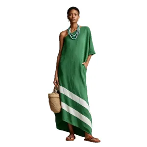 Green one-shoulder linen maxi dress with white stripes, casual summer dress for women.
