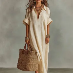 Minimalist solid color short sleeve loose apricot dress, casual elegant summer women wear.