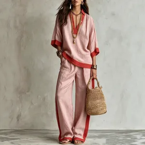 Completo in lino da donna con top a V a maniche corte e pantaloni larghi per la stagione.