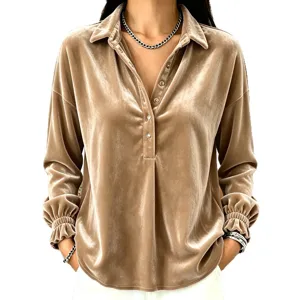 Women's long sleeve velvet blouse casual lapel button down shirt stylish autumn top