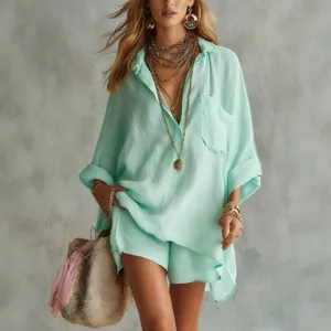 Women summer mint green beach shirt and shorts set casual resort two piece outfit loose pockets