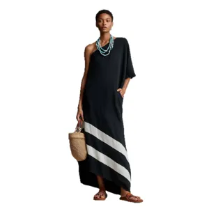 Women's black asymmetric one-shoulder maxi dress with white stripes, stylish summer main view.