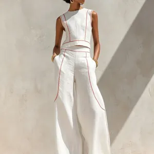 Chic European women's two-piece set, sleeveless top and wide-leg pants with contrast stitching.