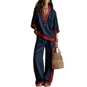 Completo Donna 2026 Autunno Elegante Collo A V Colore A Blocchi Pantaloni Larghi