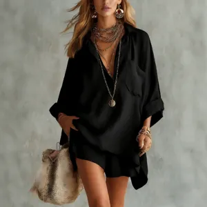 Stylish summer women cotton shirt and shorts set with casual pocket design, perfect for beach.