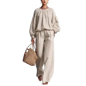 Lässiges Leinen Set für Damen mit langem Laternenarm Top und weiten Hosen für Alltag.