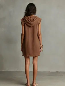 Minimalist sleeveless hooded mini dress for women with raw edges and comfortable blend fabric.