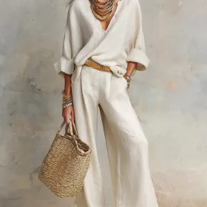 Boho linen-blend resort matching set for women, featuring a casual V-neck top and wide-leg trousers.