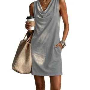Sleeveless cowl neck mini dress with side pockets for women stylish casual summer daily wear