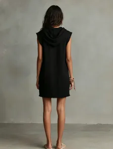 Minimalist black sleeveless hooded mini dress with raw frayed edges for stylish women.