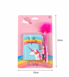 Cute unicorn diary notebook set with lock and fluffy feather pen for kids and girls details.