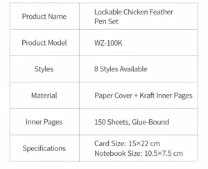 Detailed specification table showing notebook dimensions, materials, and page count clearly.