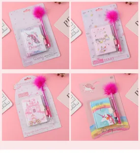 Cute children diary notebook set with lock and fluffy pen, four sweet variants gift.