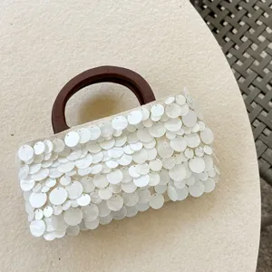 Sac Coquillage à Paillettes Tissé à Main Rétro Français Sac à Main en Anneau Acrylique Élégant Femmes Sac Bandoulière Seau Décontracté