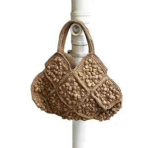 Handgemachte gehäkelte 3D Blumen Stroh Tasche Kaki ländlicher Sommer Urlaub Handtasche