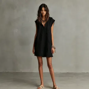 Women hooded sleeveless mini dress casual minimal raw edge black fashion stylish summerwear