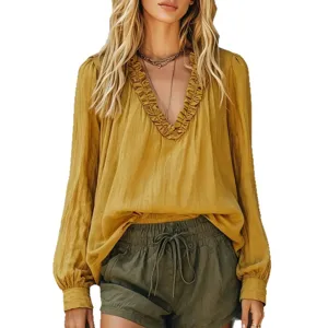 Mustard yellow long sleeve V-neck lantern sleeve blouse for women fashion apparel main image.