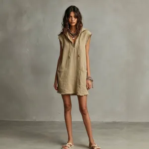 Women sleeveless hooded mini dress casual raw edge minimalist v neck beach resort wear.