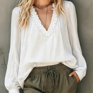 Women Long Sleeve V-Neck Ruffle Blouse Casual Loose Elegant White Pullover Shirt Top