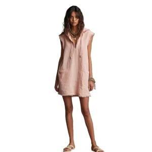 Pink sleeveless hooded mini dress with raw edge, casual minimalist design for women.