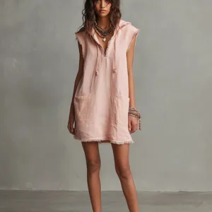 Pink sleeveless hooded mini dress with raw edge V-neck design for women casual daily wear.
