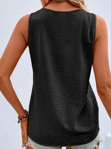 Women's summer black sleeveless textured top, casual basic tank shirt for daily wear detail.