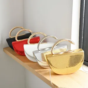 Stylish snake pattern semi-circular evening clutch bag with unique metal snake handle and chain.