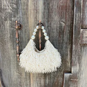 Französisch Sanft Offweiß Schwer Perlenbesetzt Quaste Abendtasche Perle Griff Elegante Party Handtasche Hochzeit Clutch Handtasche