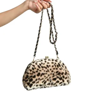 Retro Leopardmuster Kunstfell Halbkreis Abend Clutch Tasche mit goldenem Kussverschluss.