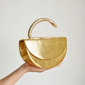 Gold snake pattern semi-circular evening clutch with metal snake handle for party fashion bag.