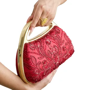 Elegante borsa da sera ricamata in stile cinese con perline floreali e manico in metallo.