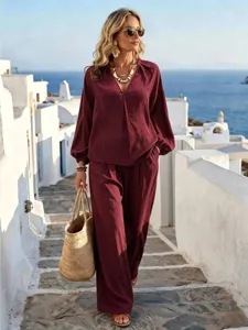 Outdoor lifestyle detail view showcasing the burgundy long sleeve two-piece outfit.