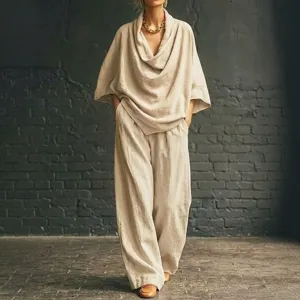 Elegantly crafted women loose linen cowl neck two-piece set stylish chic apparel detail