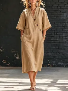 Femme décontractée col V boutons manches courtes robe midi lin été ample quotidien